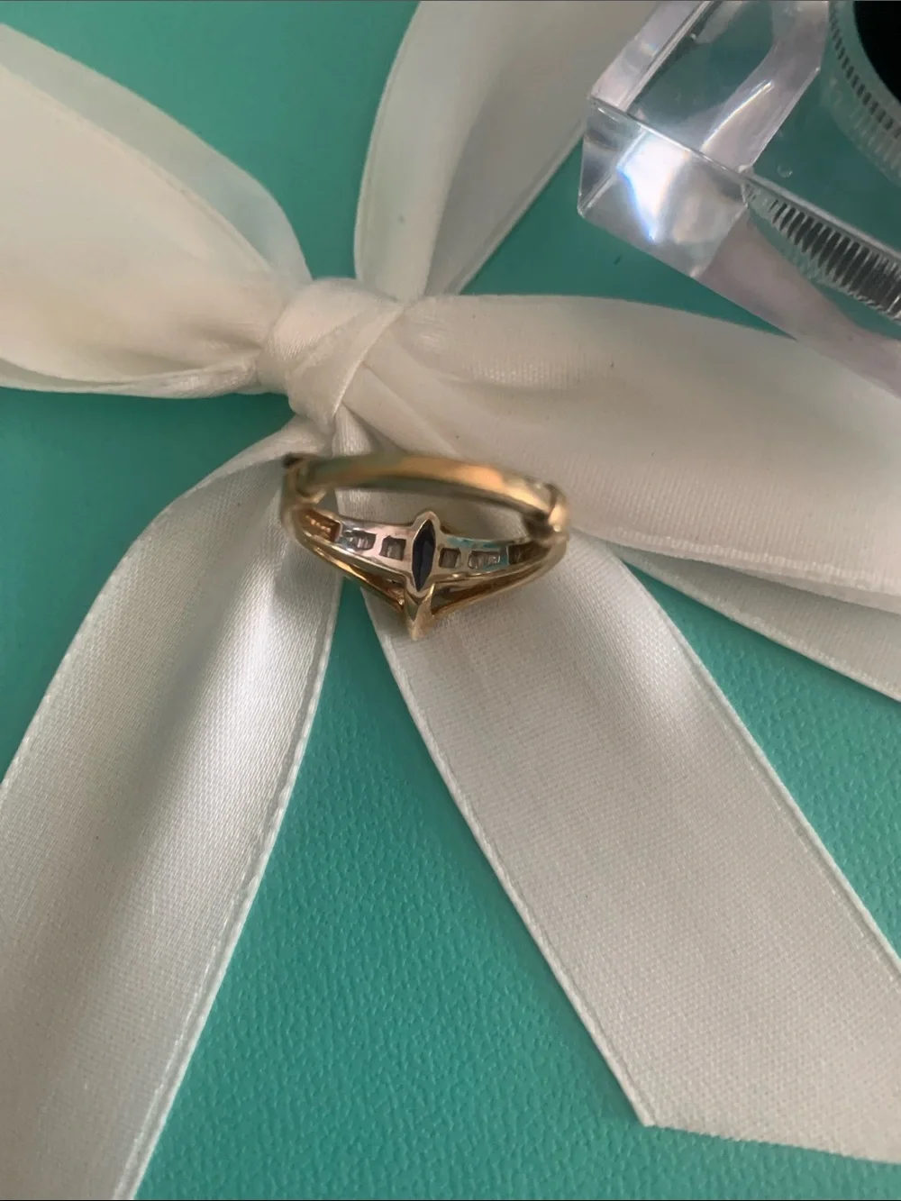 Vintage solid white and yellow gold channel diamonds and sapphire ring